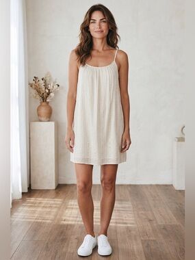 Cassee’s Ivory Gold Metallic Stripe Swing Mini Dress PM Boho Resort